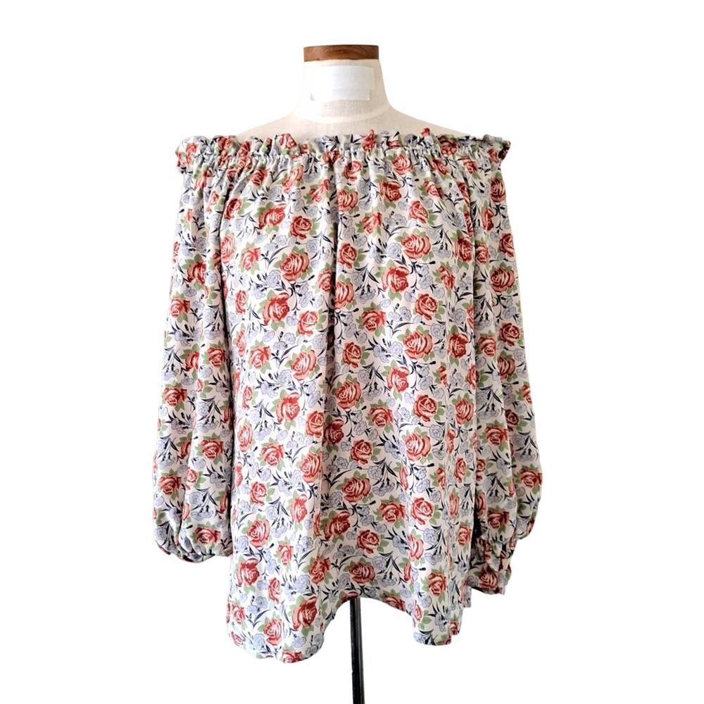 VTG 100% Silk Off the Shoulder 3/4 Floral Blouse 8